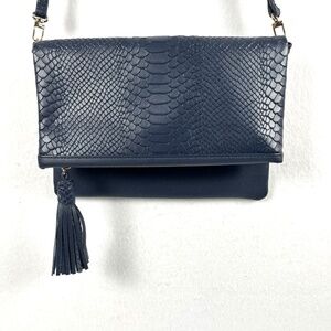 GiGi New York Rachel Convertible Foldover Clutch Navy Python Embossed Leather